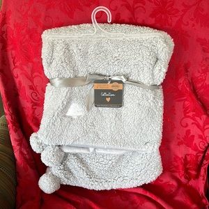 Silver Grey Sherpa Pom Pom baby blanket with embroidered small white tree